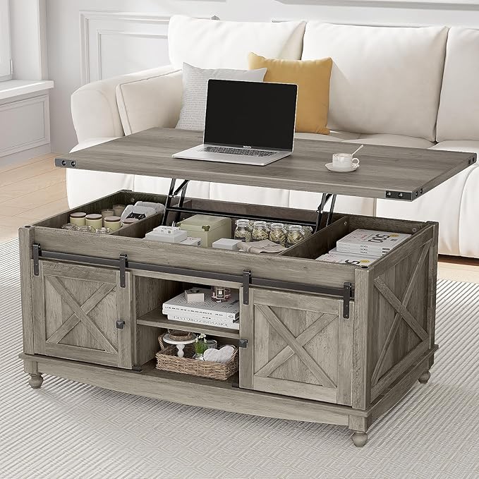 48" Farmhouse Lift Top Coffee Table with Storage Sliding Barn Door & Large Hidden Compartment, Coffee Table with Lifting Top with Wooden Lift Tabletop, Coffee Tables for Living Room, Grey-CasaMuseHome
