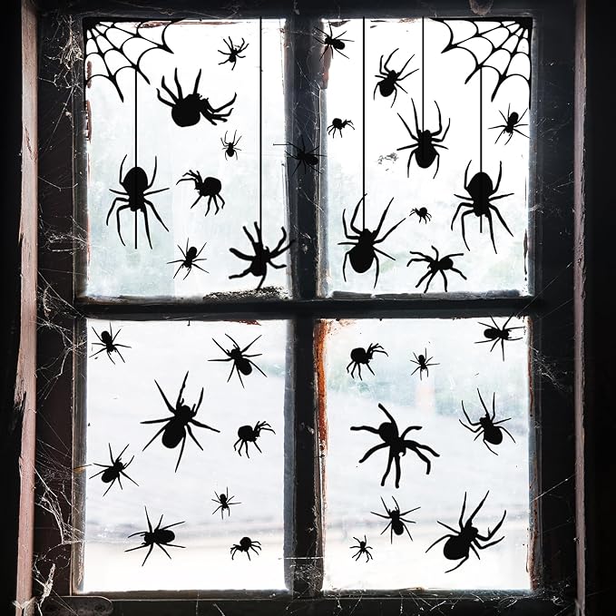 4 Sheets Spider Window Clings - Double-Sided Removable Glass Decals, Halloween Themed Window Stickers for Kids Party Decorations-CasaMuseHome