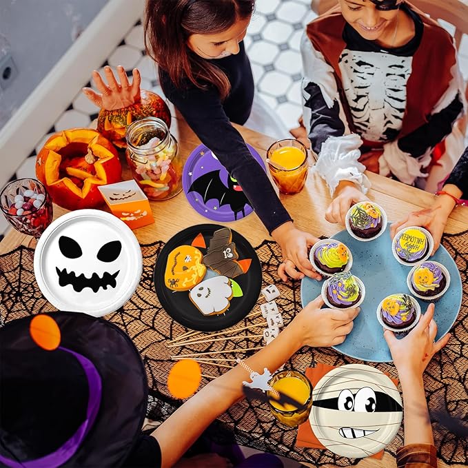 105PCS Halloween Paper Plates Ghosts Pumpkin Skull Spider Web Design for Halloween Party Decorations Supplies, Serves 30-CasaMuseHome