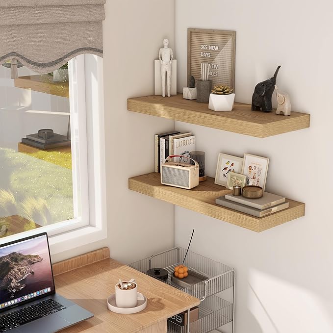 30 Inch Floating Shelves, 12 Inch Deep Floating Shelves for Wall, Rustic Wood 30 x 12 Shelves for Wall Storage & Display, 2 Inch Thicked Floating Shelf for Bathroom, Living Room, Oak Color, 2 Pack-CasaMuseHome