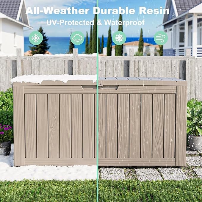 75 Gallon Resin Deck Box, Lockable Patio Outdoor Storage Box for Furniture, Garden Tools and Tools Storage, Waterproof Outside Storage Boxes - Grey-CasaMuseHome