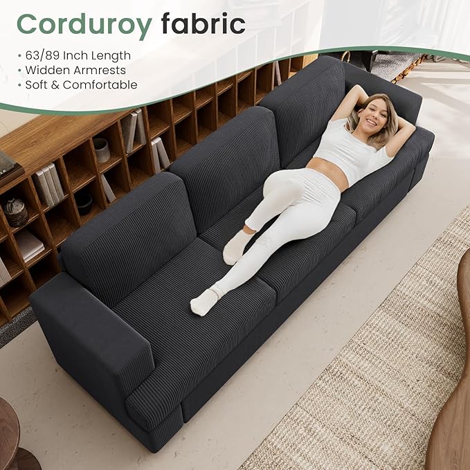 3 Pieces Corduroy Couch Set for Living Room, 7 Seats Cloud Sofa, Deep Seat Floor Couch for Bedroom, Futon Modern Sofa Sectional Bed, Black Corduroy-CasaMuseHome