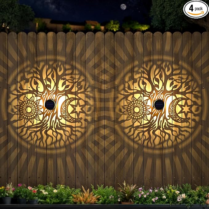 4 Pack Large Solar Fence Lights Metal Solar Powered Outdoor Wall Deck Step Lights Tree Theme Waterproof Fence Light for Garden Post Patio Backyard Yard Decor, Gardening Gifts for Women Mom Grandma-CasaMuseHome