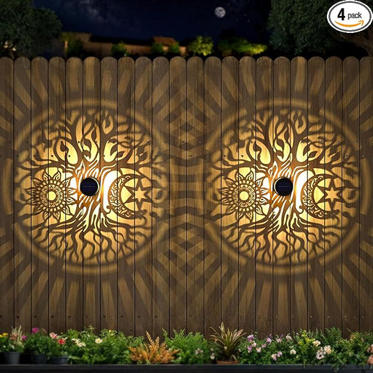 4 Pack Large Solar Fence Lights Metal Solar Powered Outdoor Wall Deck Step Lights Tree Theme Waterproof Fence Light for Garden Post Patio Backyard Yard Decor, Gardening Gifts for Women Mom Grandma-CasaMuseHome