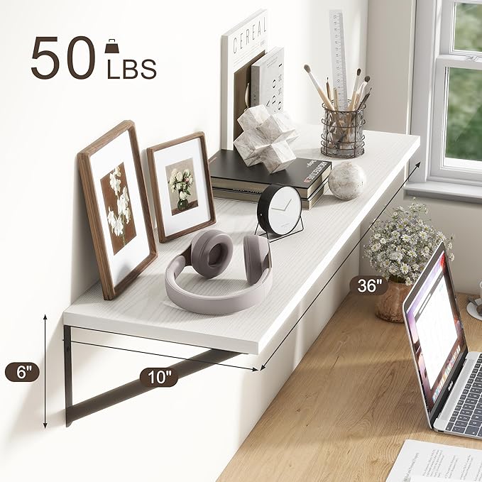 36"W x 10"D Floating Shelves, 10 Inch Deep White Floating Shelves, Farmhouse Rustic Deep Wall Shelves for Home Decor, Wide Large Floating Shelf for Bathroom, Living Room, Kitchen, Study Room-CasaMuseHome