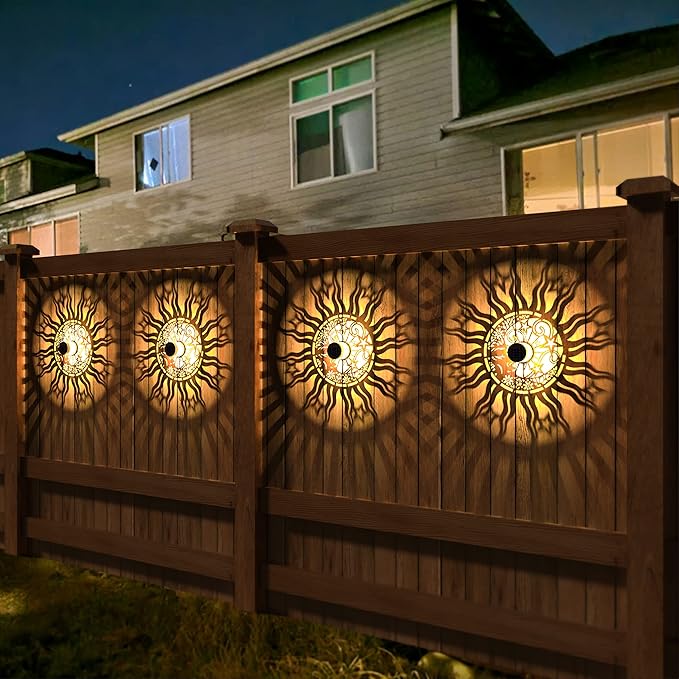 4 Pack Solar Fence Lights Metal Solar Powered Outdoor Wall Deck Lights Sun Moon Theme Waterproof Fence Light for Garden Post Patio Backyard Yard Decor (Face, 4 Pack)-CasaMuseHome