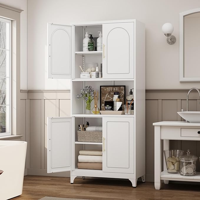 75" Tall Kitchen Pantry Storage Cabinet, Metal Storage Cabinets with 4 Doors and Adjustable Shelves，White Kitchen Hutch Cabinet with Microwave Stand, Large Cupboard for Dining Living Room-CasaMuseHome