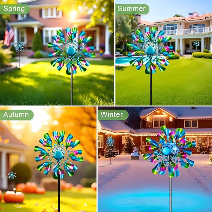 60'' Wind Spinner with Color Glass Ball Solar Lights, Green Peacock Feathers Metal Garden Outdoor Decor Yard Lawn Art Decor for Patio Kinetic Windmills Unique Gifts for Friends and Family-CasaMuseHome