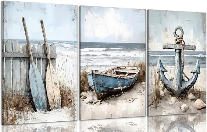 3Pcs Coastal Beach Canvas Wall Art Sailboat Paddle And Anchor Paintings Pictures Wall Decor Nautical Posters Prints Artwork Suitable for Living Room Bedroom Home Office Corridor Home Decroation-CasaMuseHome