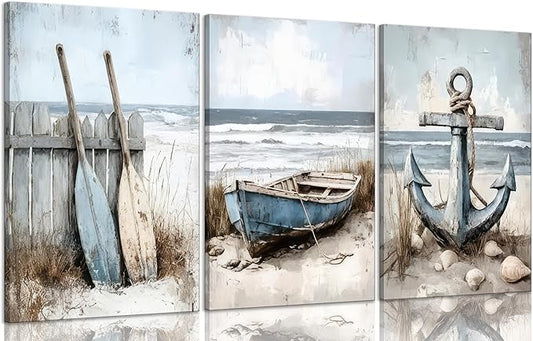 3Pcs Coastal Beach Canvas Wall Art Sailboat Paddle And Anchor Paintings Pictures Wall Decor Nautical Posters Prints Artwork Suitable for Living Room Bedroom Home Office Corridor Home Decroation-CasaMuseHome