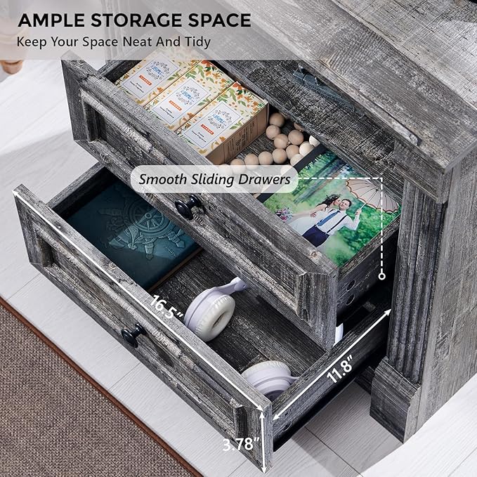 26" Tall Farmhouse Nightstand Set of 2, 2 Drawers End Table w/Charging Station, 23.6" Wide Large Side Table w/Roman Column, Wood Rustic Sofa Table w/Open Shelf, Bedside Table for Bedroom, Light Gray-CasaMuseHome