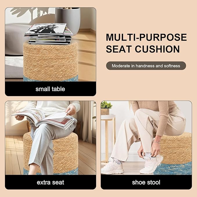 16'' Round Ottoman Natural Seagrass Braided Poof Hand Weaving Round Ottomans Boho Footrest Stool for Home Living Room Bedroom Patio(Natural&Blue)-CasaMuseHome