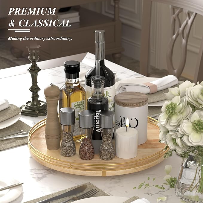 16 Inch Rustic Lazy Susan Turntable – Solid Oak & Iron Wood Rotating Tray for Dining Table, Kitchen Counter, Coffee Table – Farmhouse Style Large Wooden Lazy Susan Organizer for Home Décor-CasaMuseHome