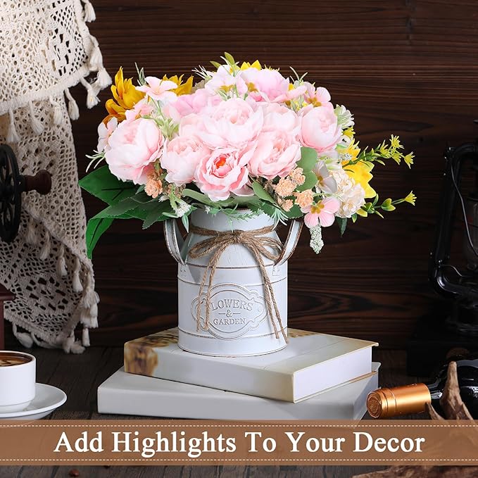 6 Inch Farmhouse Vase Decor Milk Can Vintage Flower Jug Galvanized Metal Vase with Handle Rustic Flower Buckets for Thanksgiving Christmas Table Centerpiece Weddings Gifts(Retro White,2 Pcs)-CasaMuseHome