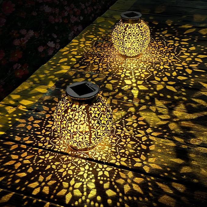 2 Pack Outdoor Solar Lantern Lights, Waterproof Tabletop LED Moroccan Lanterns, Hanging Metal Decorative Garden Lights for Patio, Lawn, Porch, Backyard-CasaMuseHome