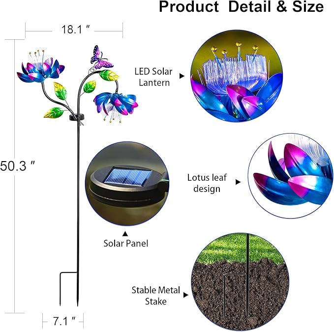 50'' Solar Powered Kinetic Wind Spinner Sculpture Blue Lotus Metal Stake Spinner for Patio, Lawn and Garden Decor Weather Resistant Outdoor Art with Dual Lotus with Butterfly Design-CasaMuseHome