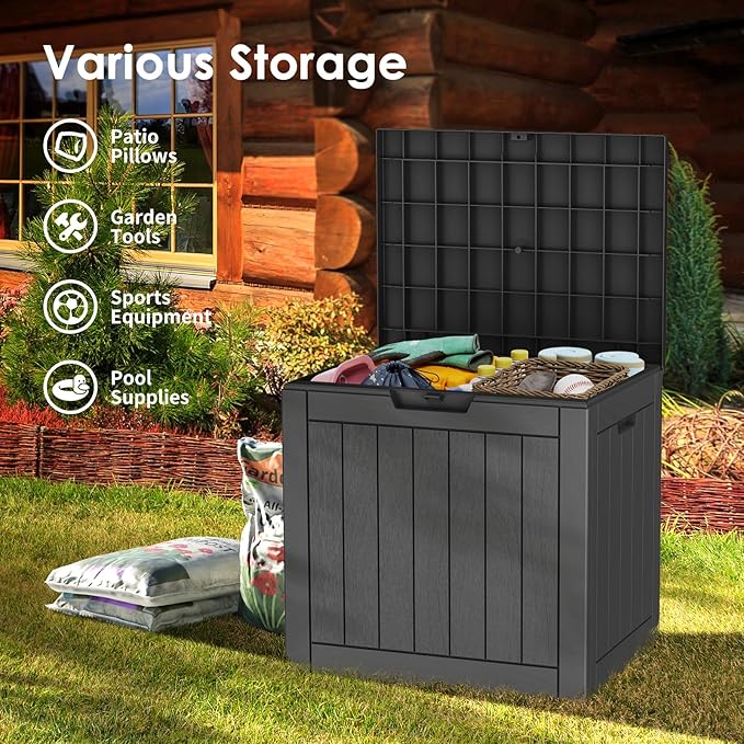 35 Gallon Lockable Resin Deck Box, Waterproof & UV-Resistant Outdoor Storage Box for Outdoor Cushion Storage, Garden Tools & Pool Accessories Storage, Black-CasaMuseHome