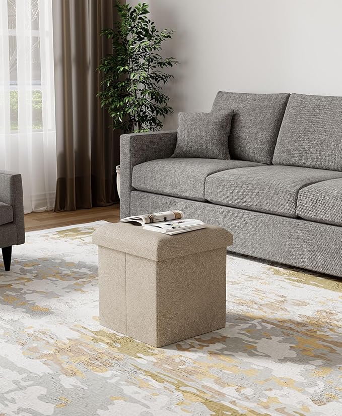 15 Inches Small Folding Storage Ottoman Cube, Storage Footrest, Foot Rest Stool, for Living Room, Bedroom, Dorm, Hallway, Entryway, Sandy Beige-CasaMuseHome