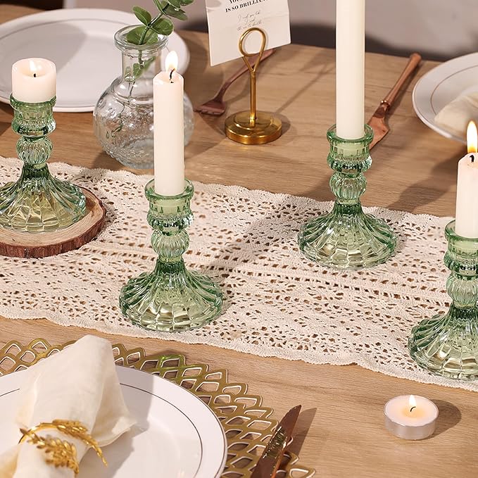 12PCS Green Candlestick Holders Set- 4" H Taper Candle Holders, Glass Candle Holders Bulk for Wedding, Party, Home Table Centerpieces, Festival Gifts & Windowsill Decor-CasaMuseHome
