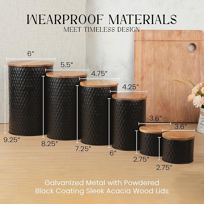 6 Canister Set for the Kitchen Countertop – Metal Food Storage Canisters with Airtight Lids for Flour, Tea, Crafts, Coffee, & Sugar – Container Set with Modern Wood Lids, Black-CasaMuseHome