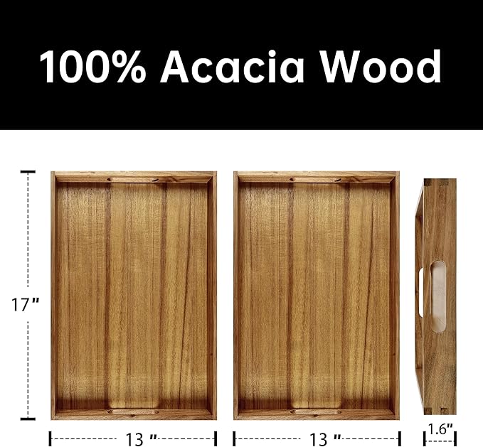 Acacia Wood Serving Tray with Handles (Set of 2)- 17-Inch Decorative Wooden Tray - Perfect for Breakfast, Lunch, Dinner, Ottoman, Coffee Table - Living Room and Couch Tray-CasaMuseHome