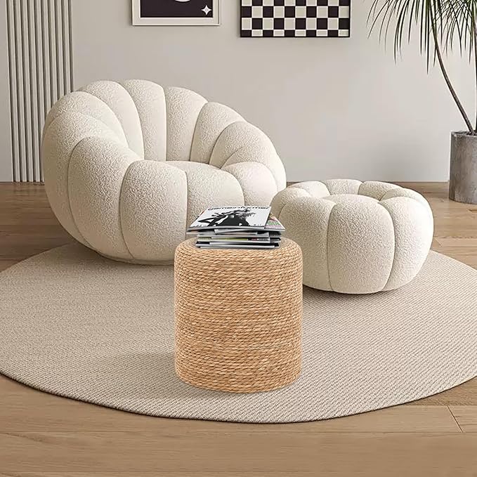 16'' Round Ottoman Natural Seagrass Braided Poof Hand Weaving Round Ottomans Boho Footrest Stool for Home Living Room Bedroom Patio(Natural)-CasaMuseHome