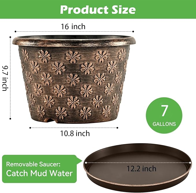 16 Inch Planter Pots for Plants, Plastic Large Flower Pots Indoor Outdoor, 4 Pack Resin Plant Pot with Drainage & Saucer, Retro Decorative Garden Pot with Removable Trays for House-CasaMuseHome