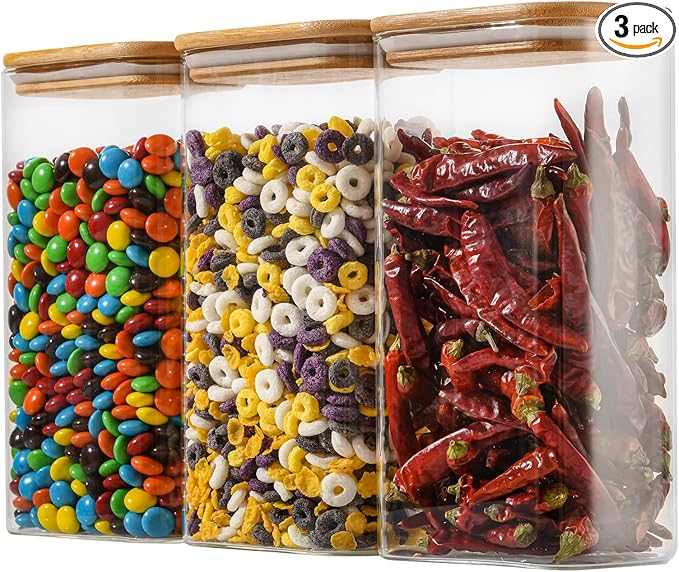 56oz Rectangle Airtight Glass Storage Containers with Bamboo Lids (Set of 3), Square Food Storage Jar, Pantry Organizers for Oats, Cereal, Pasta and Coffee beans (‎with Black Lable)-CasaMuseHome