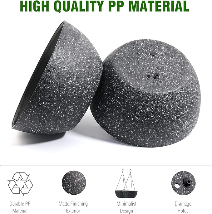 13 inch Large Hanging Planters Plant Pots for Outdoor Indoor Plants with Drainage Holes and Chain, 2 Pack Round Hanging Flower Pots for Garden Home Porch Decor, Speckled Black-CasaMuseHome