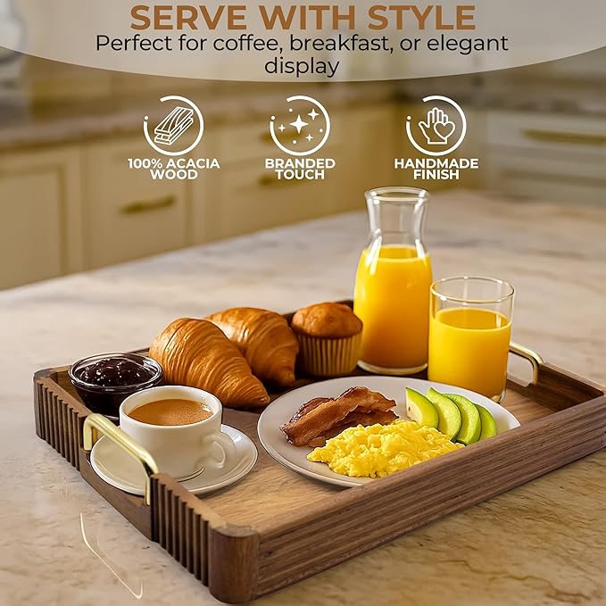 Acacia Wood Serving Tray with Metal Handles – 17x12in Rustic Decorative Ottoman & Coffee Table Tray for Breakfast in Bed, Dinner, Bar, Kitchen, Home Décor & Entertaining-CasaMuseHome
