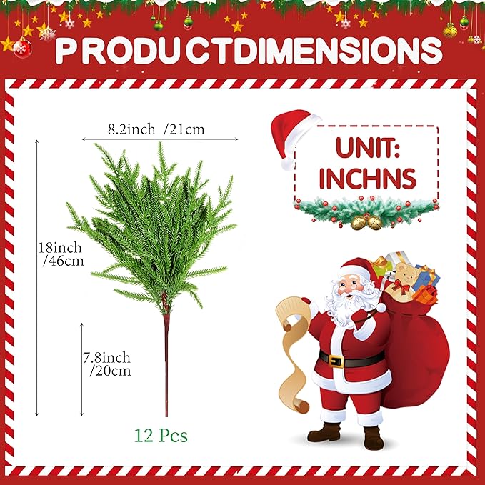 12Pcs Artificial Norfolk Pine Branches 18" Plastic Christmas Plants Decor Faux Greenery Stems Pine Picks Outdoor Faux Plants UV Resistant for Xmas Indoor, Front Porch Home Décor (12, 18inch)-CasaMuseHome