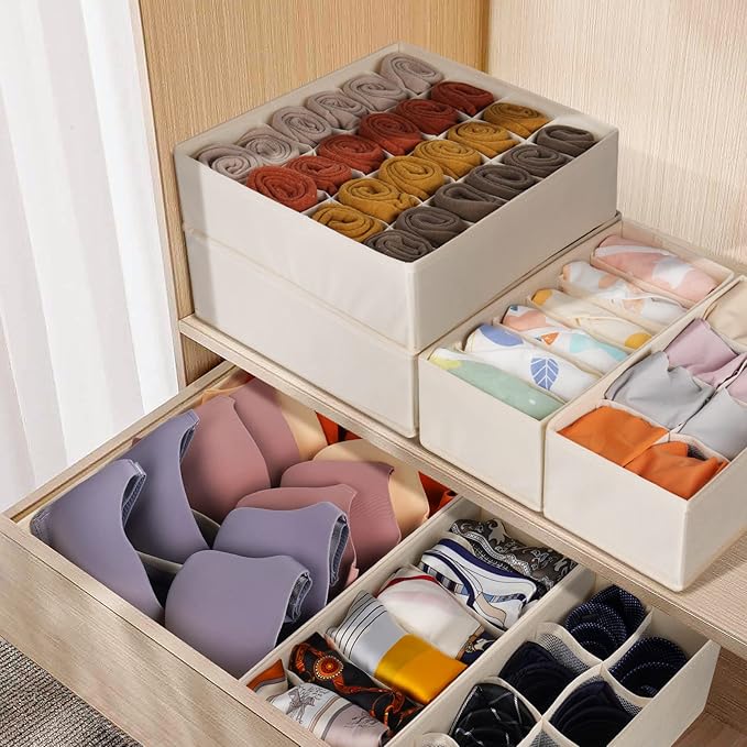 6 Pack Sock Underwear Drawer Organizer Dividers, 58 Cell Foldable Fabric Dresser Closet Organizers and Storage Bins for Clothing, Baby Clothes, Bra, Panty, Scarf, Ties (Beige)-CasaMuseHome