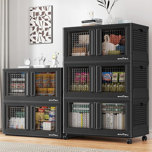 500Qt Stackable Storage Bins with Lids, 125Gal Closet Organizers and Storage Drawer, Plastic Collapsible Storage Bins with Doors, Heavy Duty Store Box Cabinet for Home Kitchen, 5Pack Black-CasaMuseHome