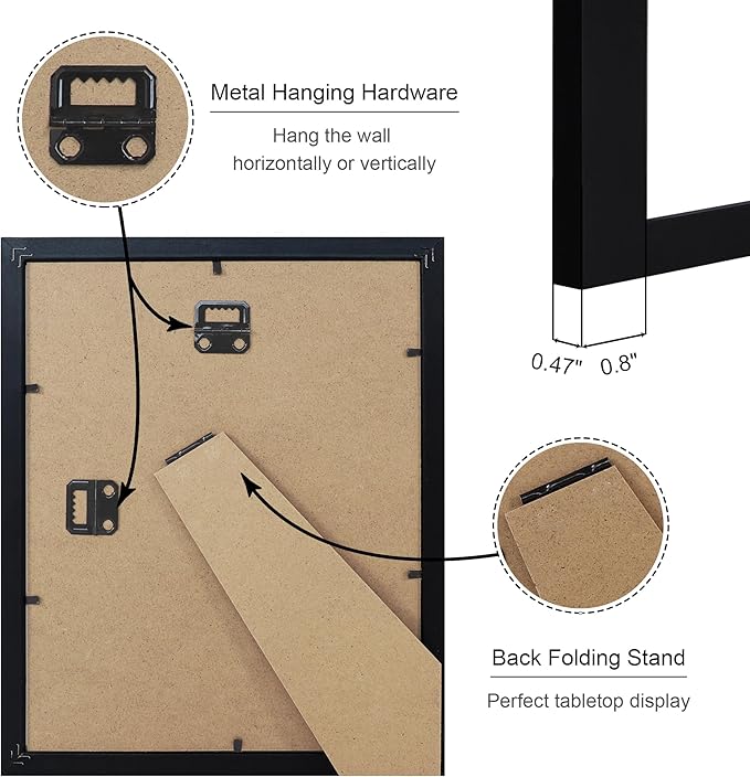 8x10 Picture Frame Set of 4, 8 x 10 Wood Photo Frames with Mat for 5x7, Wooden Frame with Real Glass Cover for Wall and Tabletop Display,Black-CasaMuseHome