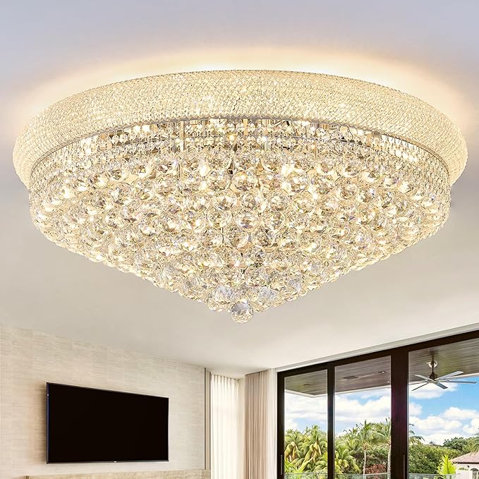 18-Light 32 inch Large Crystal Chandelier Flush Mount Ceiling Light Fixture for Living Room Dining Room Bedroom Foyer Entryway Chrome Finish-CasaMuseHome