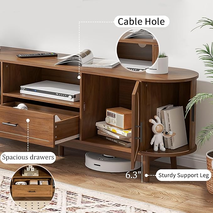 70" Fluted TV Stand for Tvs up to 80", Mid-Century Modern Entertainment Center with Drawers and Fluted Doors, Curved TV Media Console Table with Sliding Doors for Living Room, Bedroom (70")-CasaMuseHome