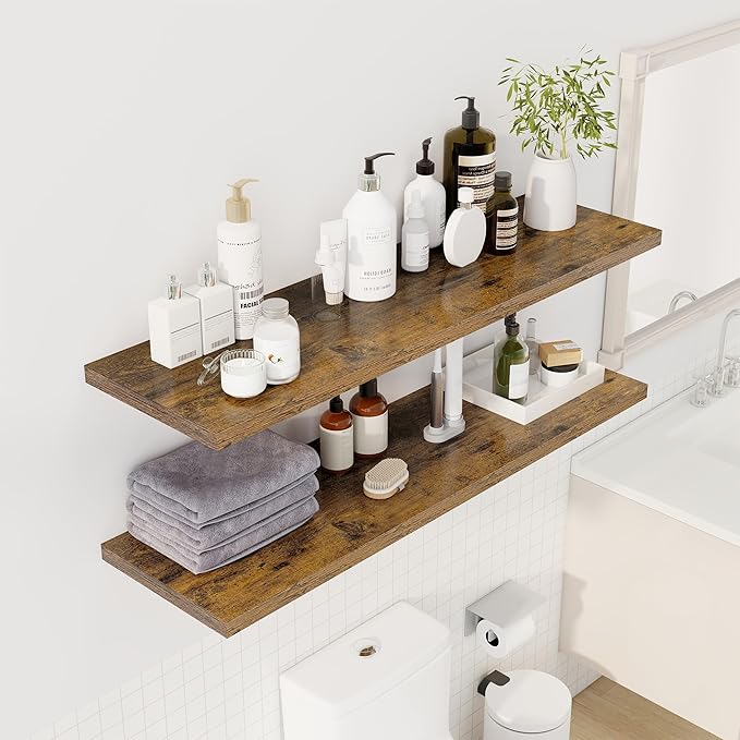 48" Floating Shelves for Wall, 12" Deep Slim Rustic Brown Floating Shelves, Wall-Mounted Shelves for Bedroom, Living Room, Kitchen, Bathroom - Set of 2-CasaMuseHome