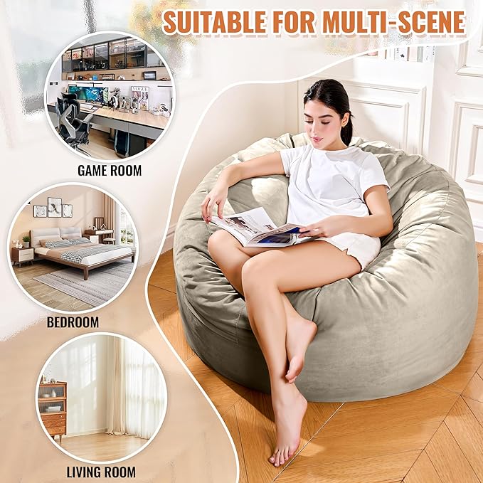 4FT Bean Bag Chair: Bean Bag with Velvet Cover, Fluffy and Comfy Bean Bag Chairs for Adults and Kids, Bean Bag Sofa Filled with High-Density Sponge for Gaming (Light Grey)-CasaMuseHome
