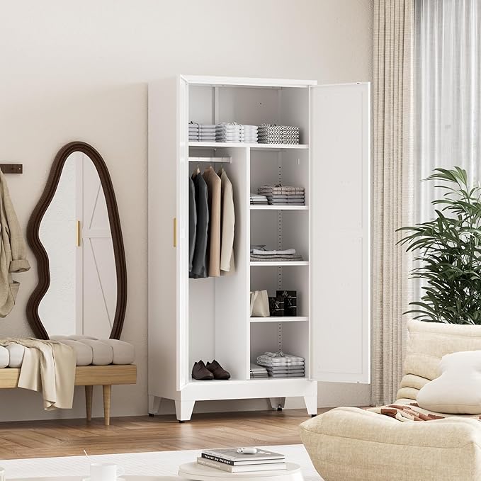 71'' Farmhouse Metal Wardrobe Cabinet with Hanging Rod, 2 Barn Door Wardrobe Closet with 5 Adjustable Shelves,Drawer,for Dining Room,Bedroom,Living Room, Cloak Room,Office (White)-CasaMuseHome