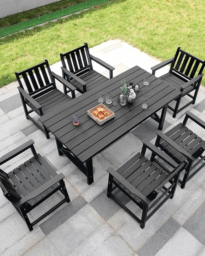 7 Pieces HDPE Outdoor Dining Set, Patio Dining Set with Umbrella Hole, All Weather Outdoor Dining Table Sets for 6, HDPE Patio Furniture Sets for Deck, Backyard, Lawn, and Poolside, Obsidian-CasaMuseHome