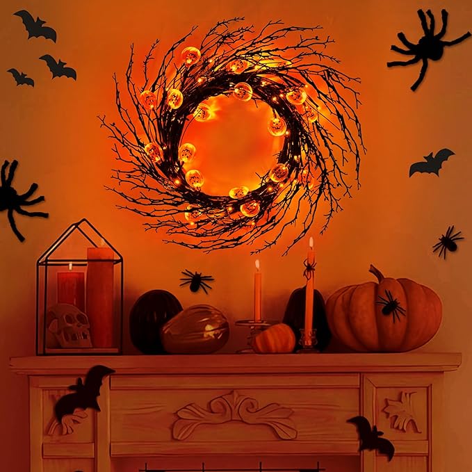 7 Ft 63 LED Halloween Decorations Willow Vine Twig Garland with 8 Modes Timer 21 Pumpkin Orange Lights, Halloween Garland with Waterproof Battery Operated for Indoor Wall Fireplace Decorations-CasaMuseHome