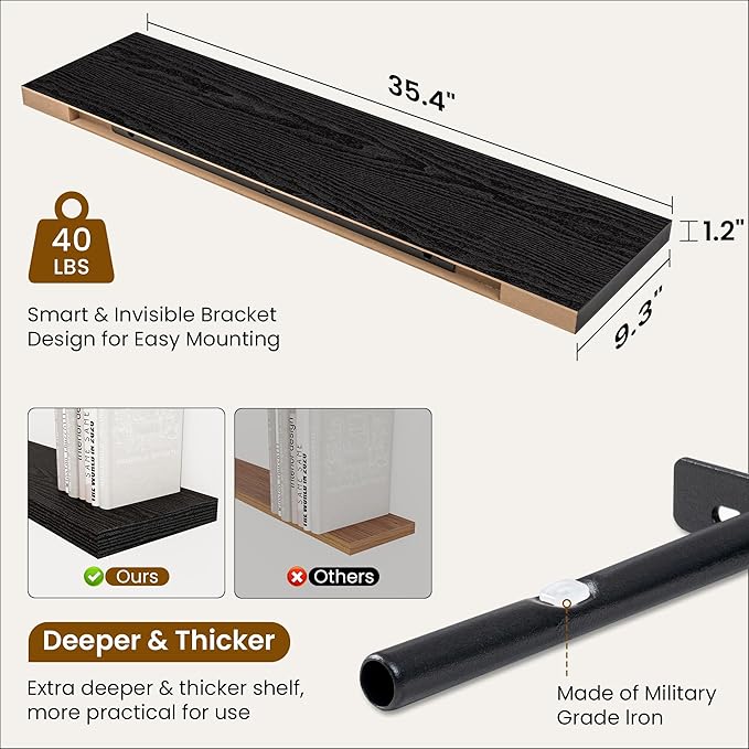 36 Inch Floating Shelves, 9.3 Inch Deep Rustic Wall Shelves - Extra Deeper Wall Mounted Storage Shelves for Bathroom, Kitchen, Living Room (Black, Set of 2)-CasaMuseHome