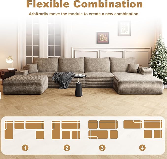 136" Sectional Couches for Living Room Modern Modular Sofa with L-Shape Couchs Upholstered Boneless Couch Deep Seat Sectional Couch with Chaise (Camel, Right Facing Chaise+3Seaters+Ottoman)-CasaMuseHome