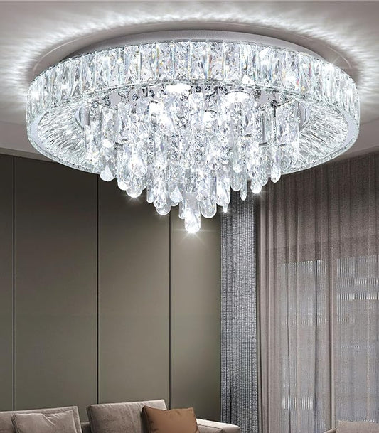 23.6'' Modern Crystal Chandeliers LED Dimmable Flush Mount Ceiling Chandeliers for Living Room Entrance Foyer Bedroom Silver-CasaMuseHome