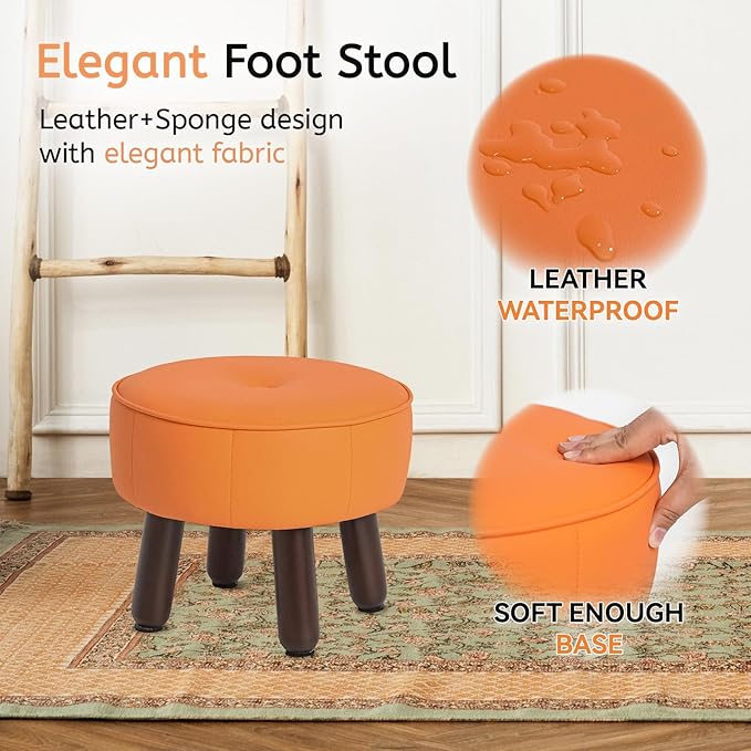 13in Small Foot Stool Ottoman, Round Faux Leather Foot Rest for Couch, Under Desk Pouf Footstool Footrest with Non-Skid Rubber Legs for Ling Room, Bedroom, 13''L x 13''W x 10.2''H, Orange-CasaMuseHome