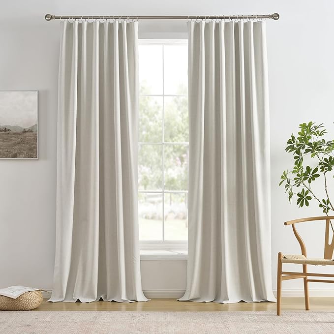 2 PCs Extra Wide Linen Blackout Curtains 108 Inches Long,Back Tab Pleaetd Drapes with Hooks Track System Curtain Panels for Large Windows Patio Sliding Door Living Room 70 x 108 Natural Birch-CasaMuseHome