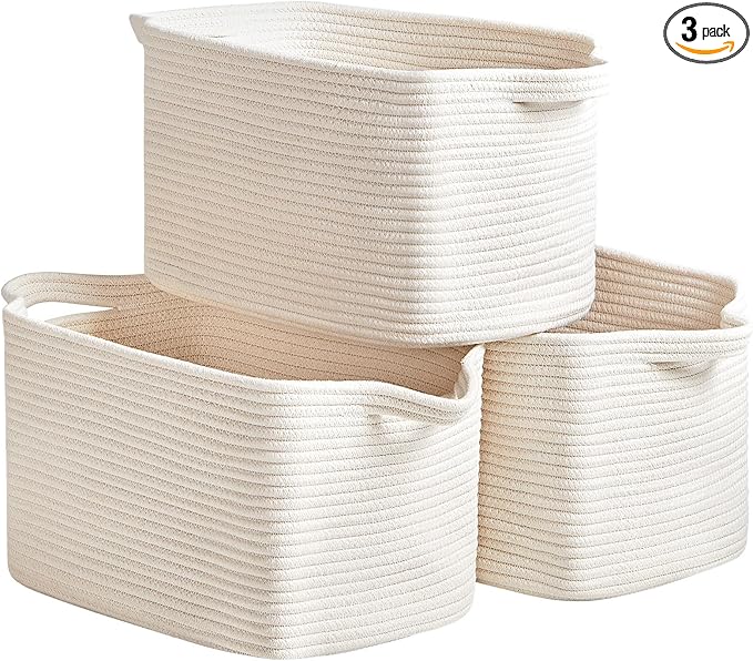 3 Packs Cotton Rope Woven Basket With Handles for Shelves -15"*10.2"*9.1"(White)-CasaMuseHome