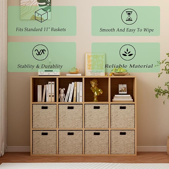 12-Cube Storage Shelf Bookcase - Wooden 3-Tier Floor Standing Open Bookshelf for Home and Office, Display Cabinet, Oak-CasaMuseHome