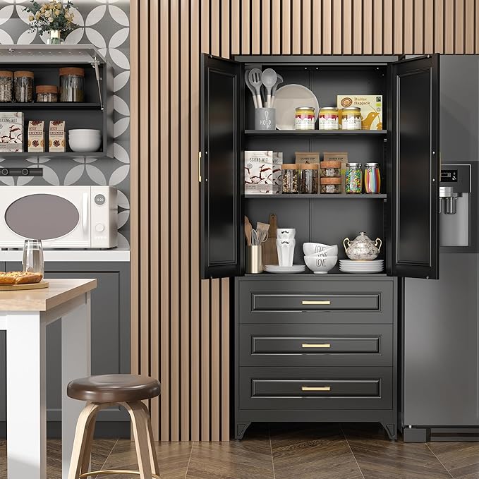 75" Kitchen Pantry Cabinet with 3 Drawers,Metal Storage Cabinets with Doors and 4 Adjustable Shelves,Black Kitchen Cabinet with 2 Gold Handles,Food Cupboard for Livingroom, Bathroom,Pantry-CasaMuseHome
