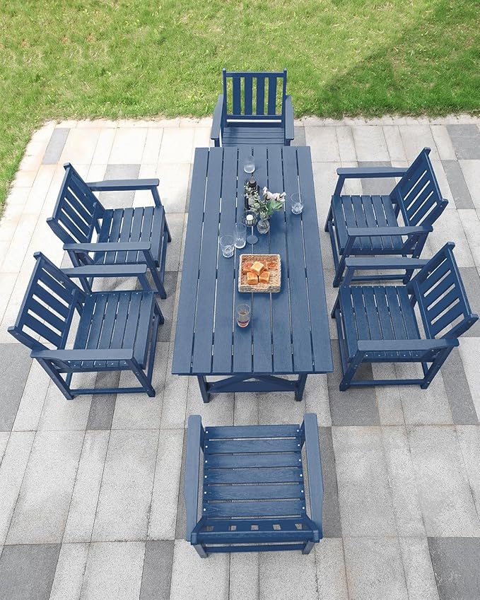 7 Pieces HDPE Outdoor Dining Set, Patio Dining Set with Umbrella Hole, All Weather Outdoor Dining Table Sets for 6, HDPE Patio Furniture Sets for Deck, Backyard, Lawn, and Poolside, Navy-CasaMuseHome